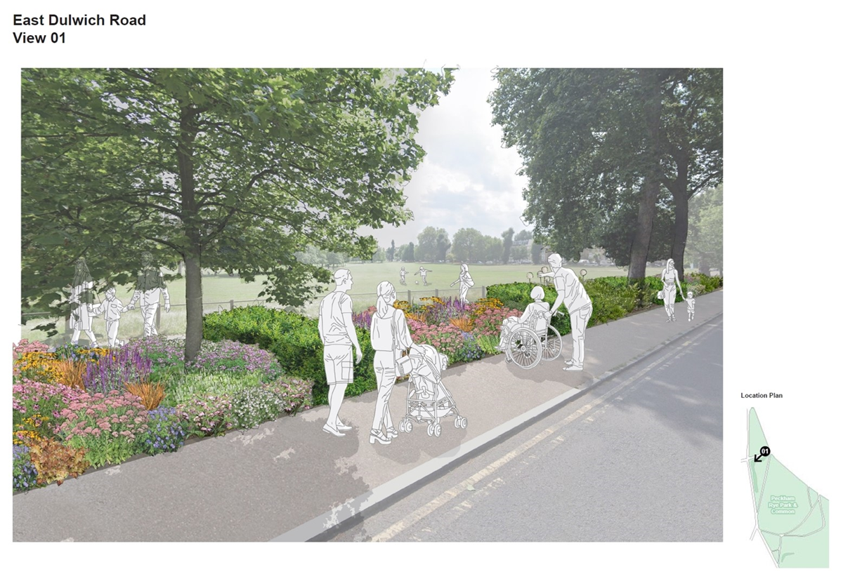 A border of flowering plants separating a green space form a pavement